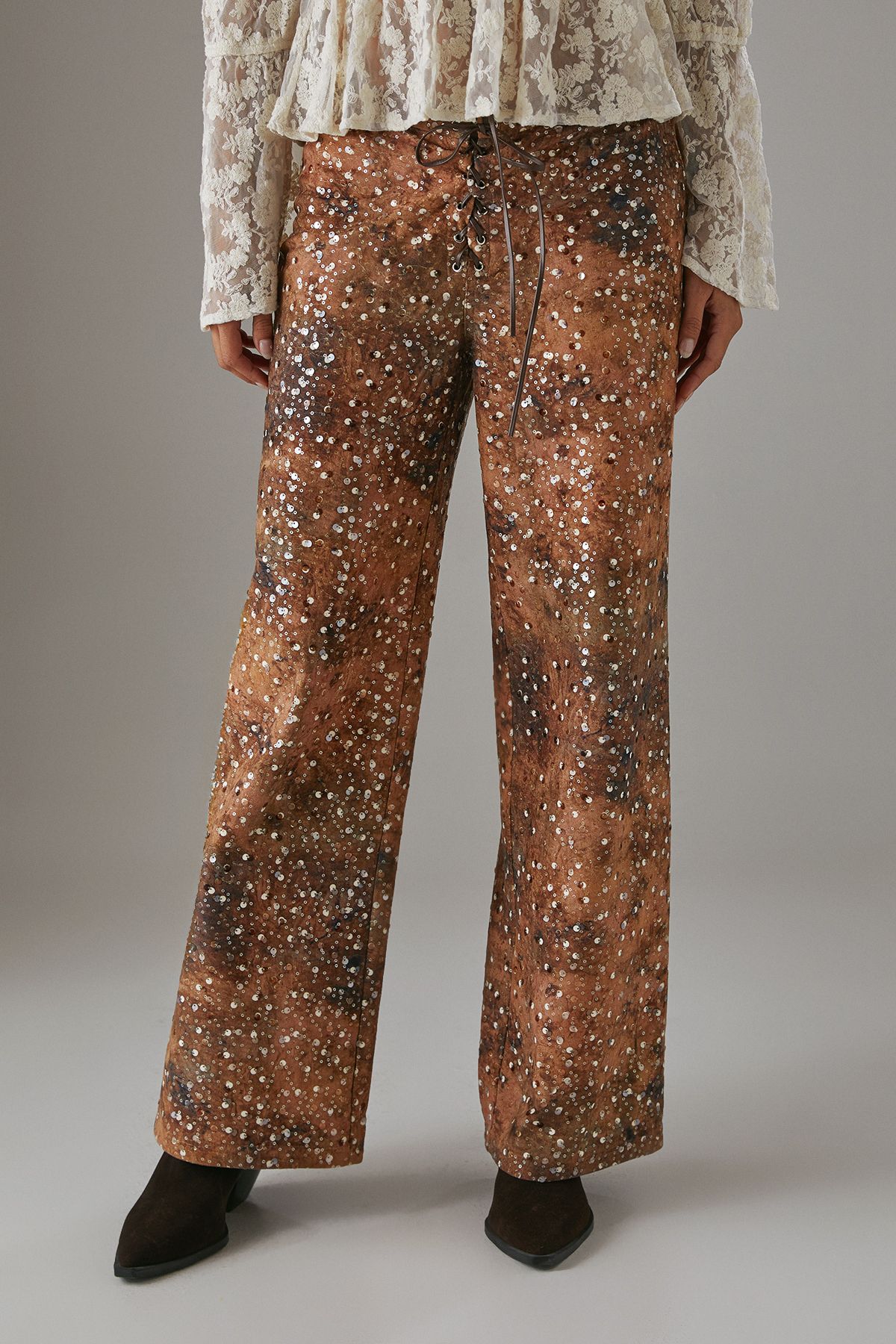Warehouse Suedette Sequin Lace Up Trouser Brown image 2