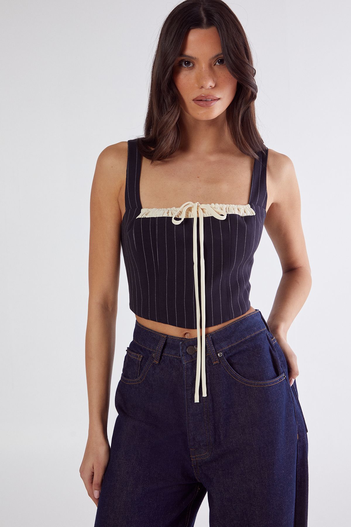 NastyGal Pinstripe Contrast Bust Tailored Corset Top Navy image 2