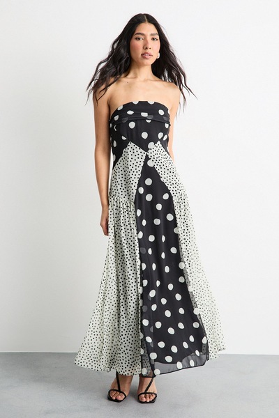 Warehouse Printed Bandeau Seam Detail Midi Dress Mono