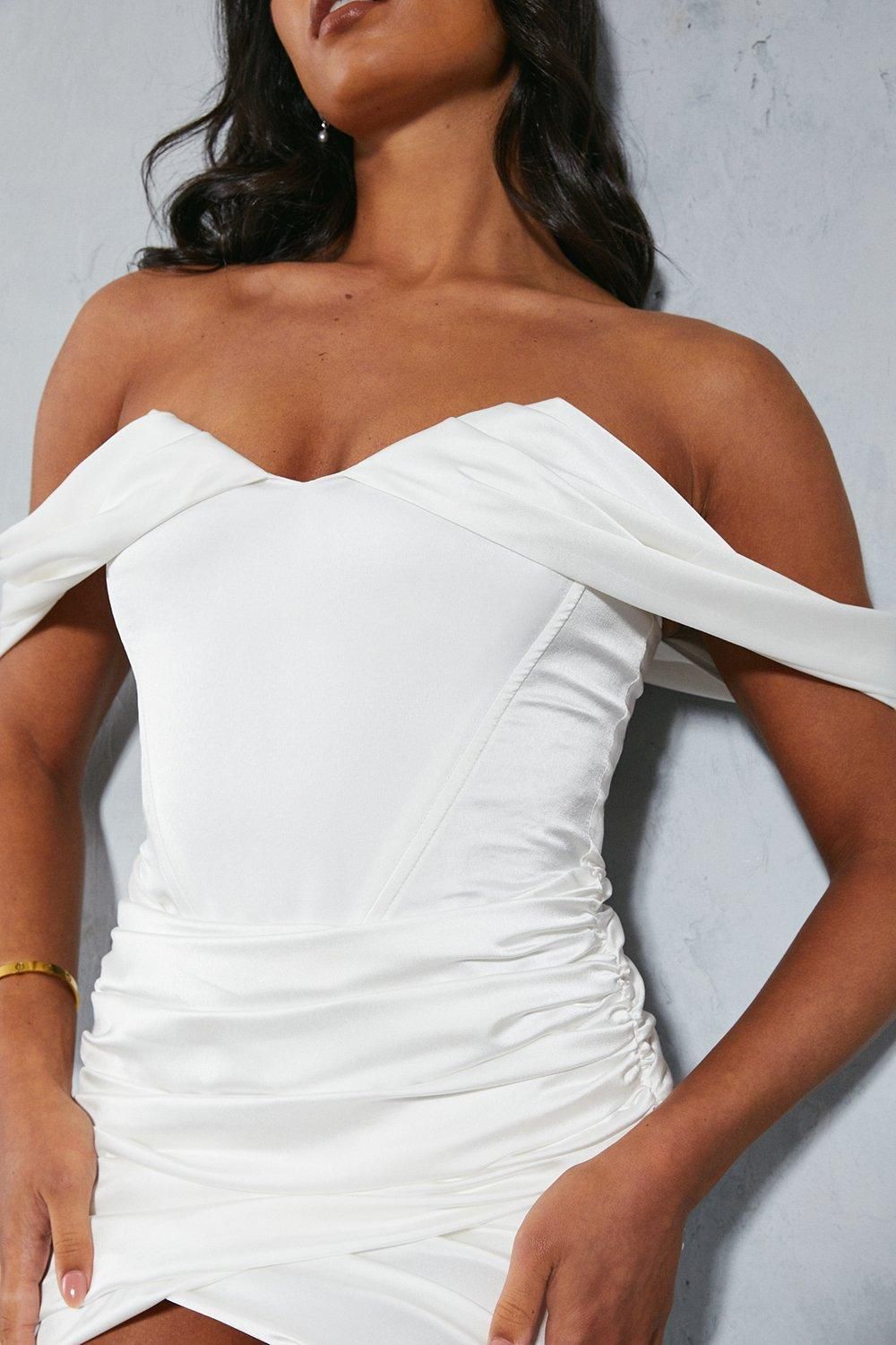 MissPap Premium Satin Bardot Ruched Skirt Bodycon Mini Dress Ivory image 4