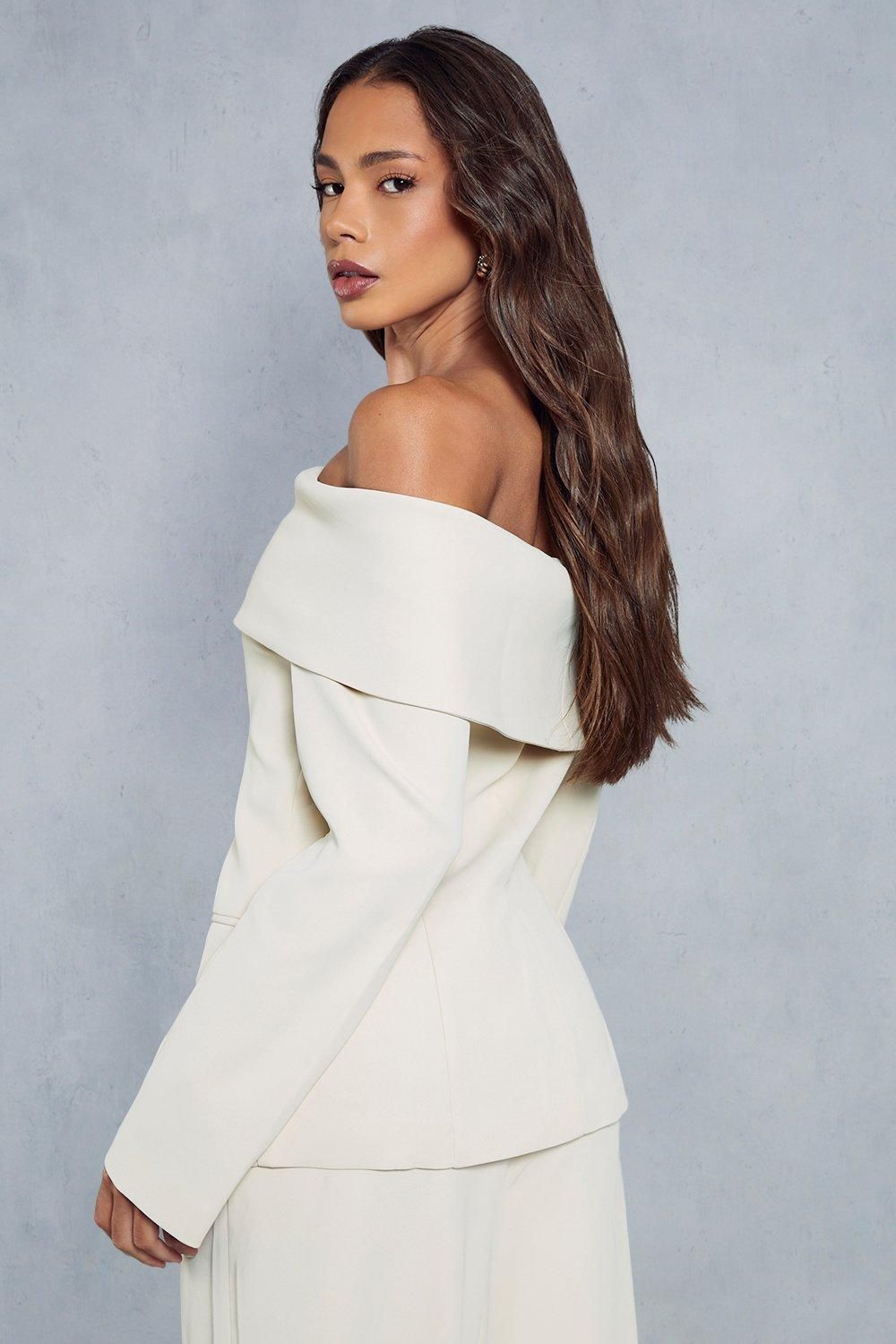 MissPap Tailored Bardot Fitted Blazer Top Stone image 3