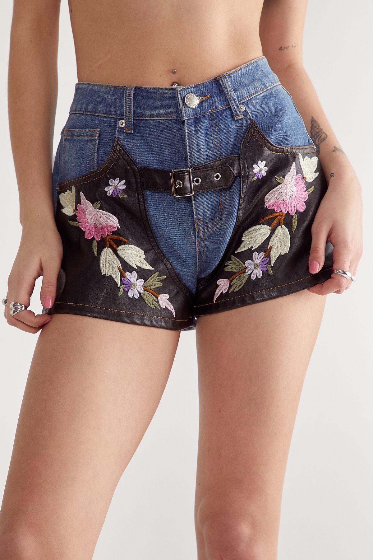 NastyGal Floral Denim Chaps Shorts Multi image 3