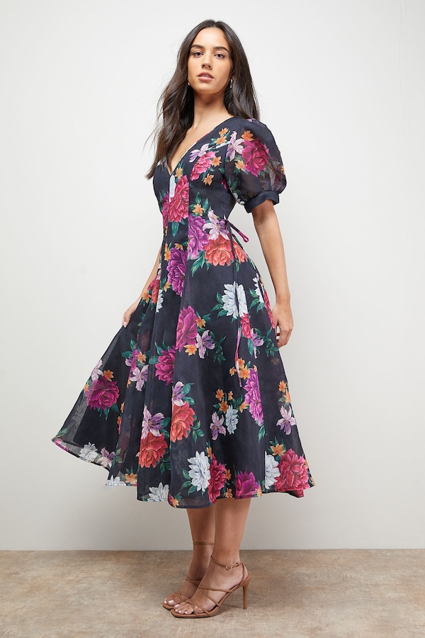 Oasis Printed V Neck Puff Sleeve Midaxi Dress Floral