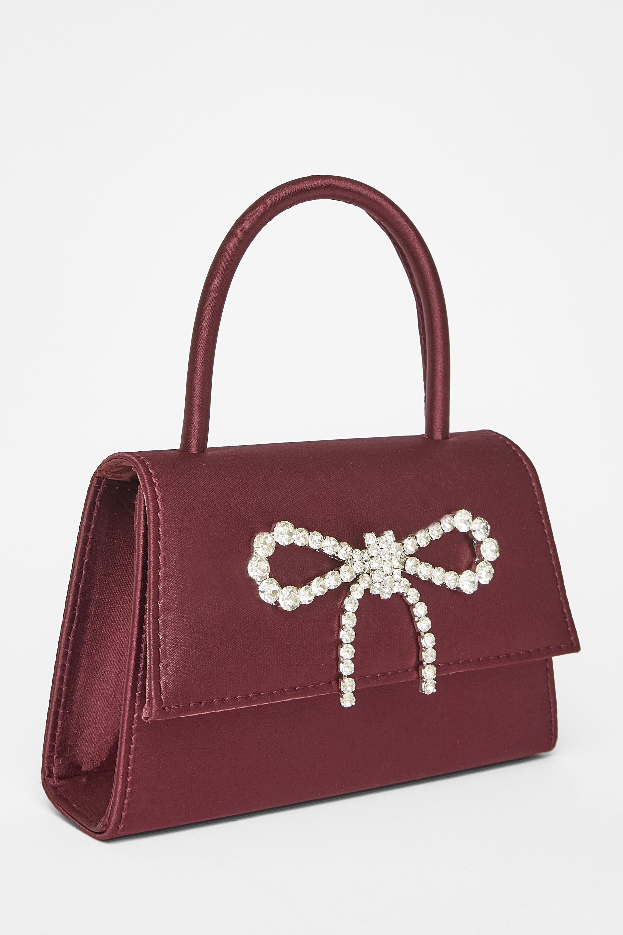 Quiz Burgundy Diamante Bow Top Handle Bag image 1