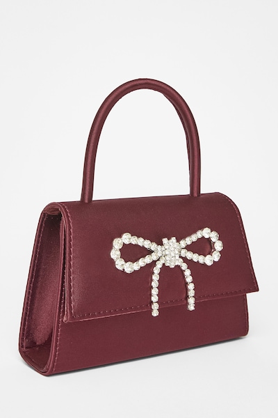 Quiz Burgundy Diamante Bow Top Handle Bag