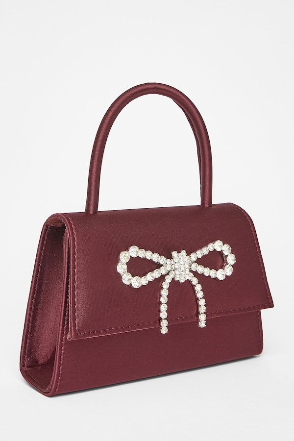 Quiz Burgundy Diamante Bow Top Handle Bag