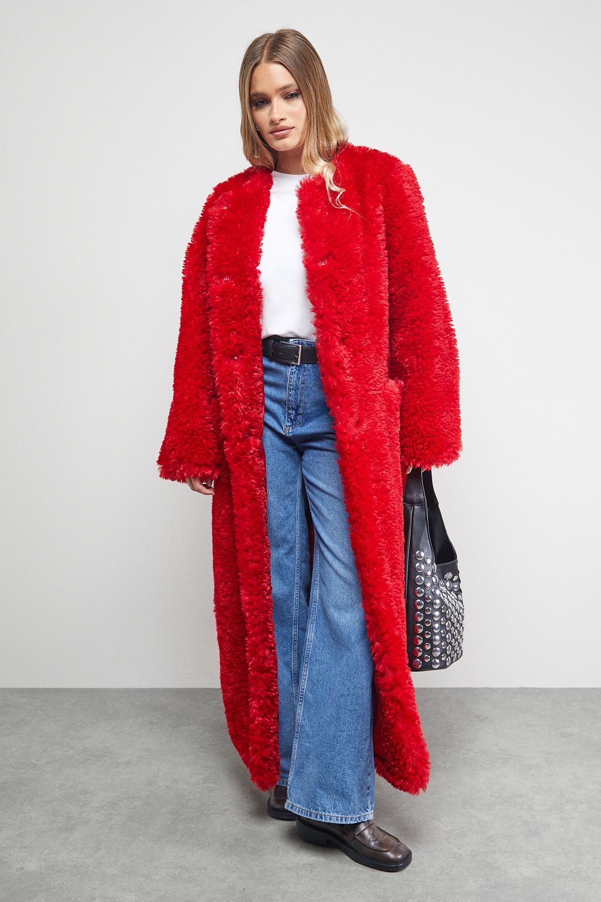 Warehouse Red Maxi Belted Fur Coat Red image 2
