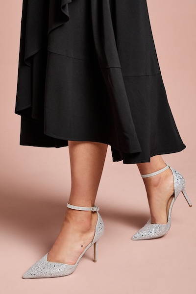 Coast Wide Fit Tanisha Diamante Ankle Strap High Stiletto Court Shoes Silver