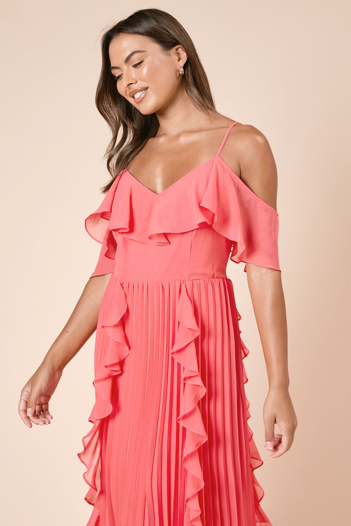 Dorothy Perkins DP Luxe Ruffle Front Cold Shoulder Midi Dress Coral image 4