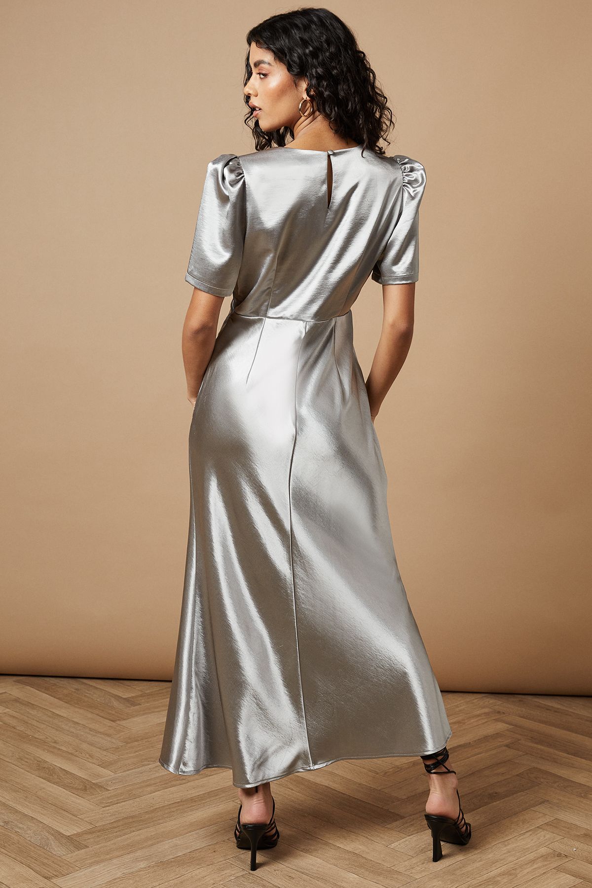 Oasis Petite Metallic Satin Midi Dress Silver image 3