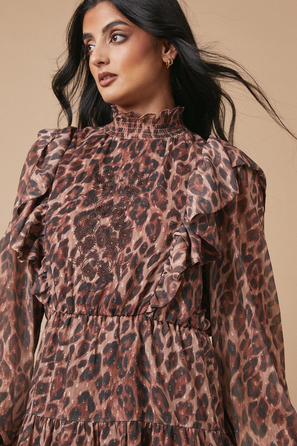 Oasis Animal Print Embroidered Dobby Chiffon Mini Dress Brown image 3