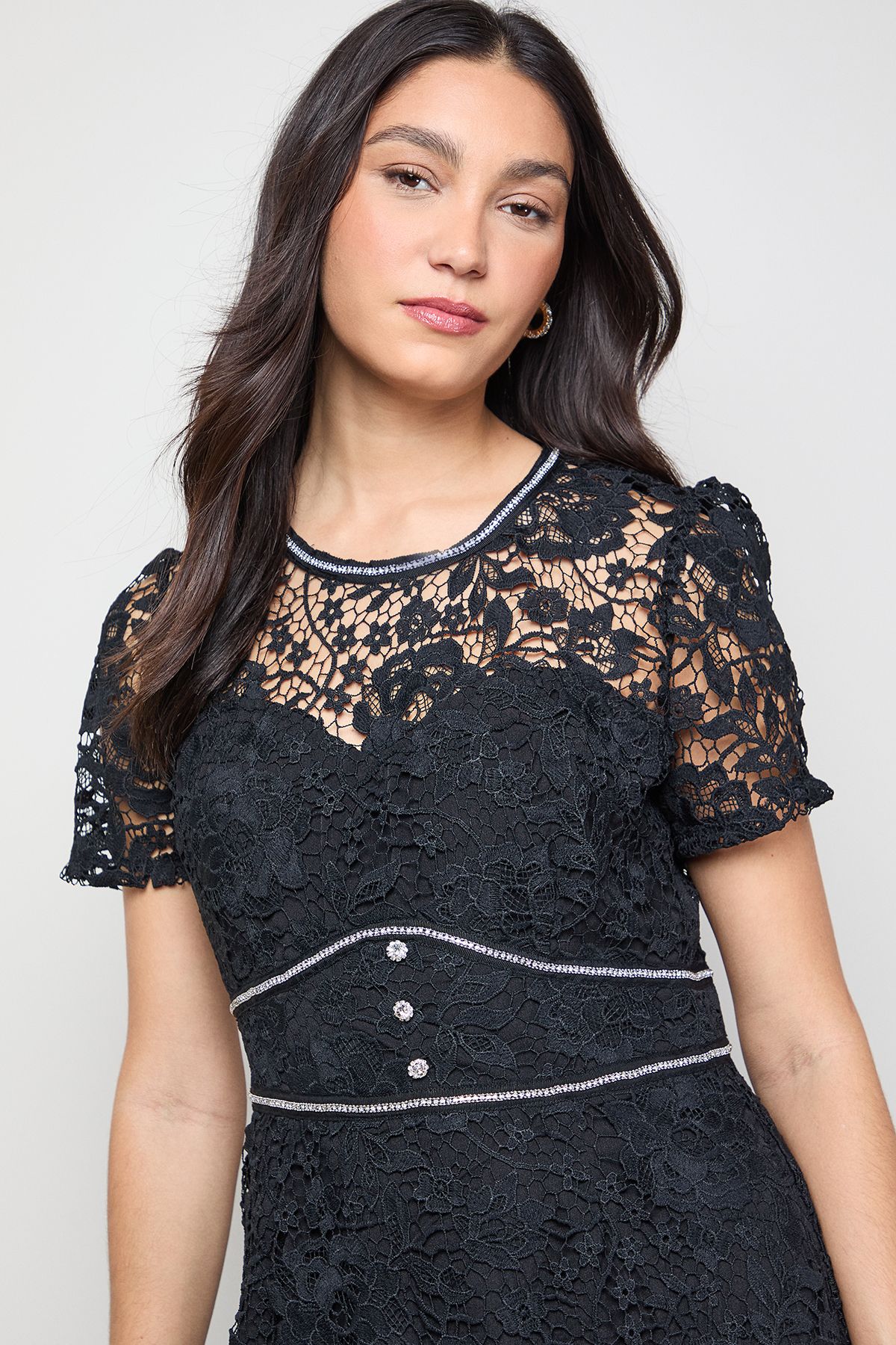 Oasis Lace Diamonte Trim Tea Dress Black image 4