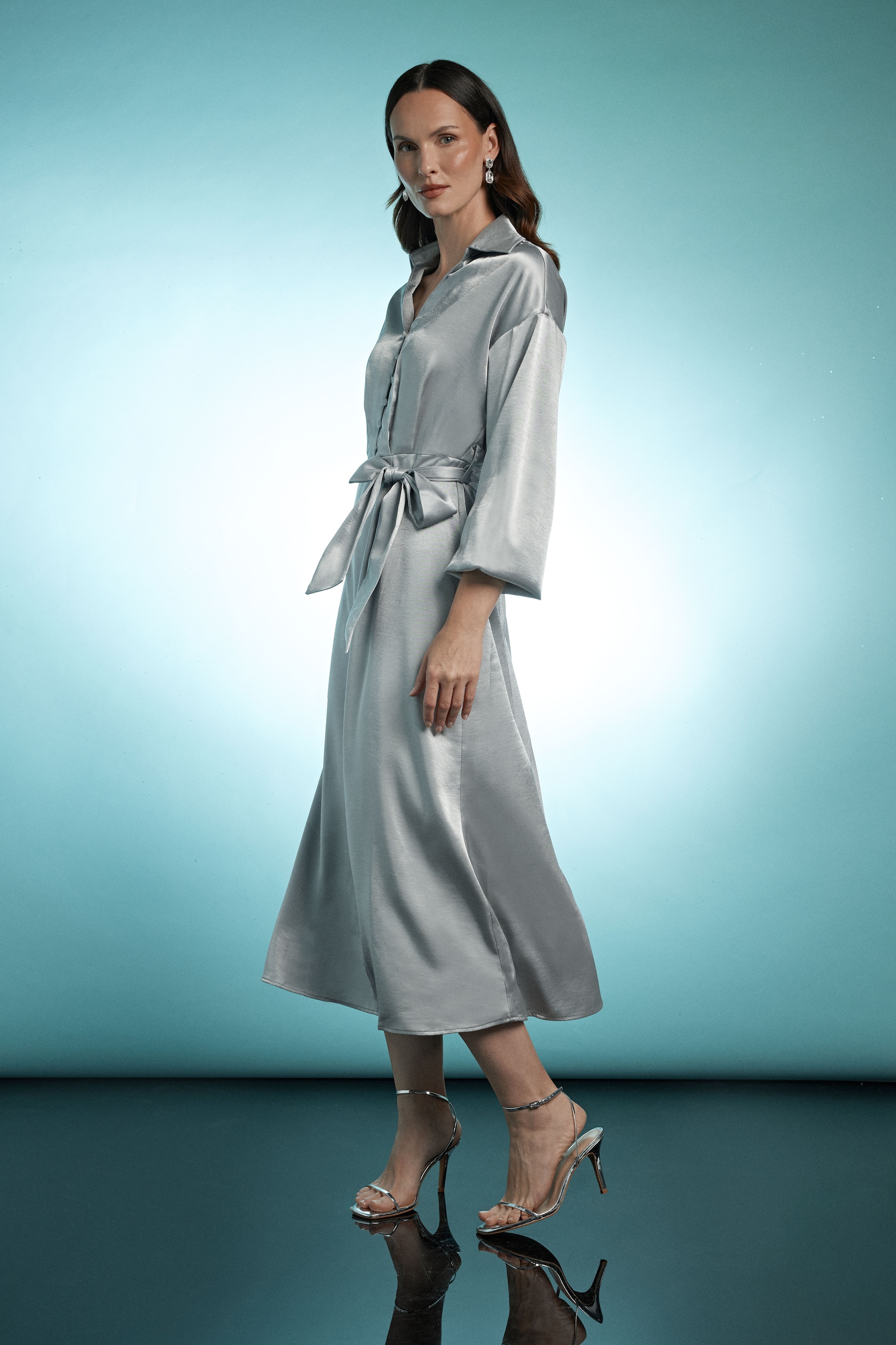 Principles Silver Wrap Tie Waist Satin Shirt Dress Silver