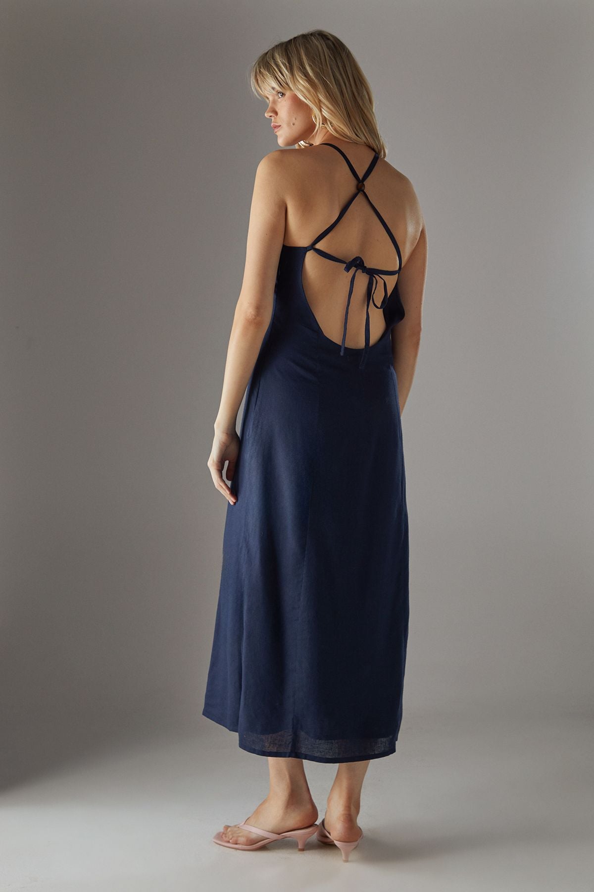 Warehouse Premium Linen Blend Racer Tie Back Midi Dress Navy image 4