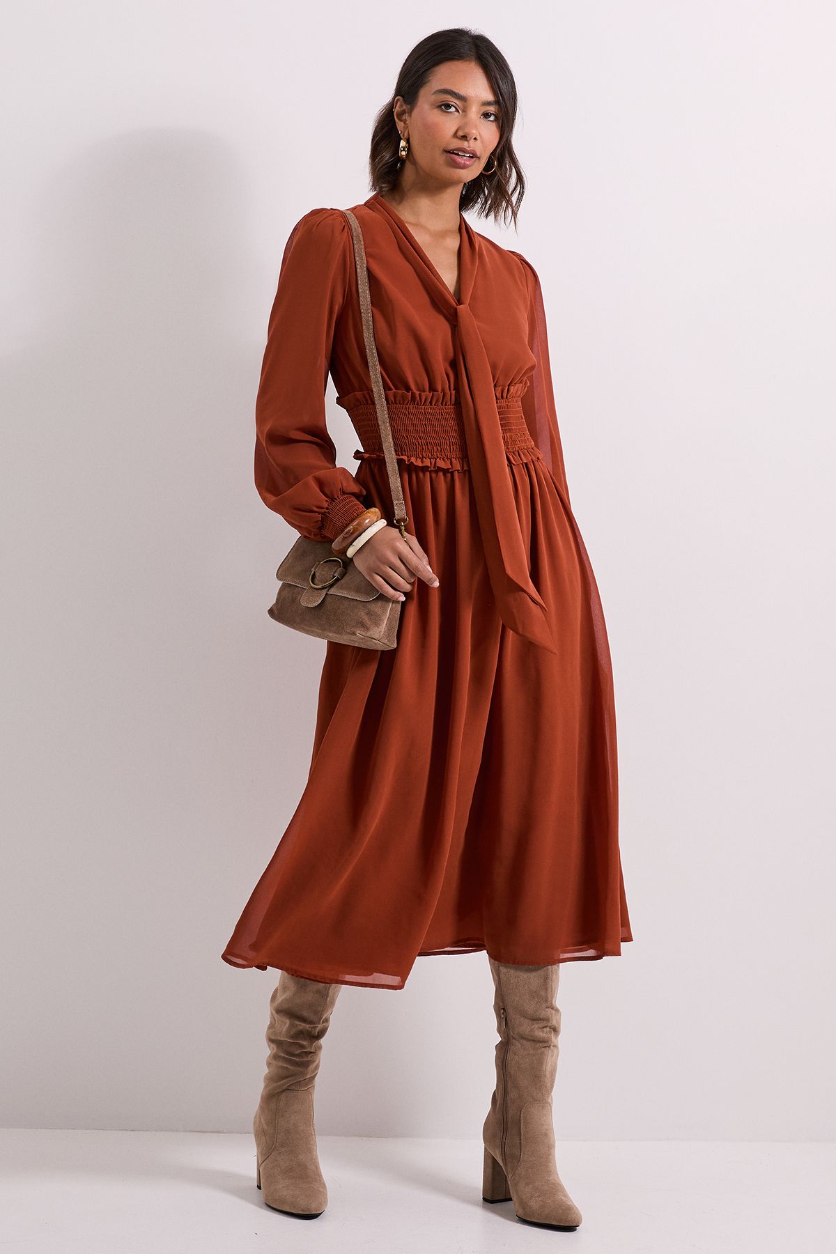 Dorothy Perkins Bow Tie Neck Detail Shirred Waist Midi Dress Brown image 1