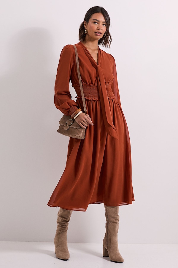 Dorothy Perkins Bow Tie Neck Detail Shirred Waist Midi Dress Brown