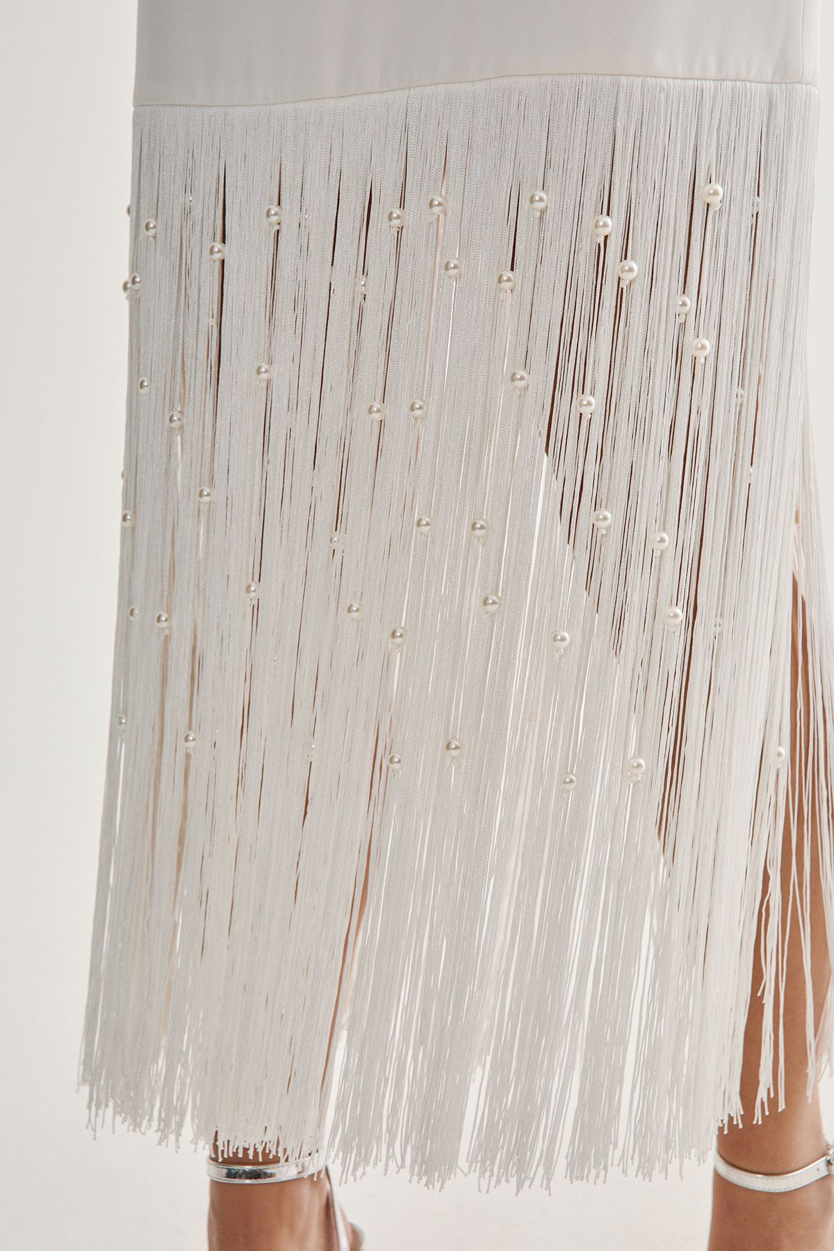 NastyGal Tailored Pearl Fringe Trim Midi Dress Ivory image 2