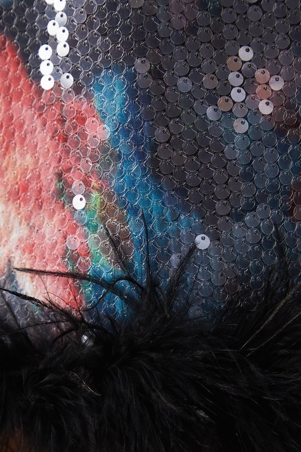 Warehouse Print Sequin Halter Feather Hem Mini Dress Black image 5