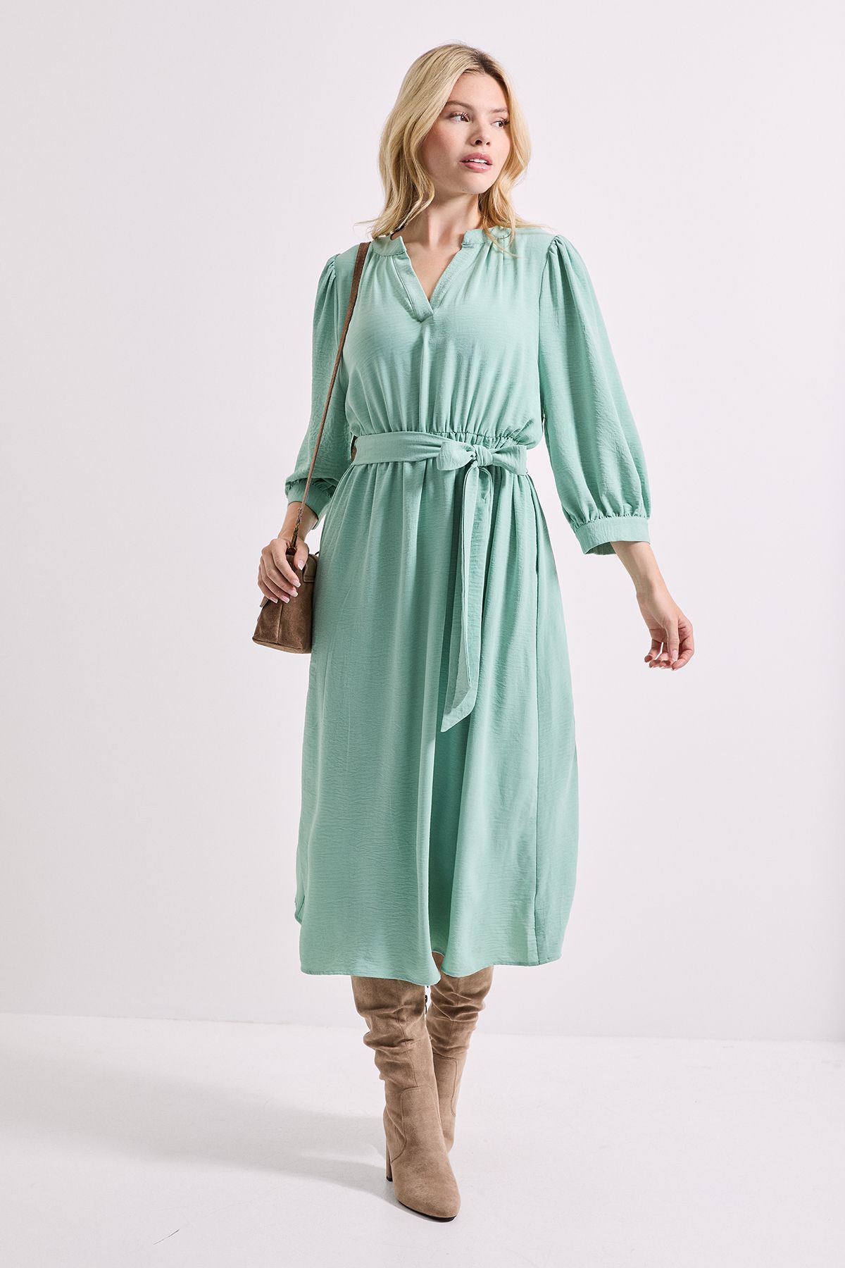 Dorothy Perkins Overhead Belted Puff Sleeve Midi Dress Sage image 1