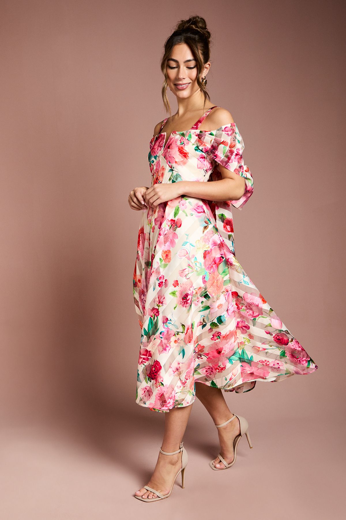 Coast Printed Organza Bardot Midi Dress Cream image 1