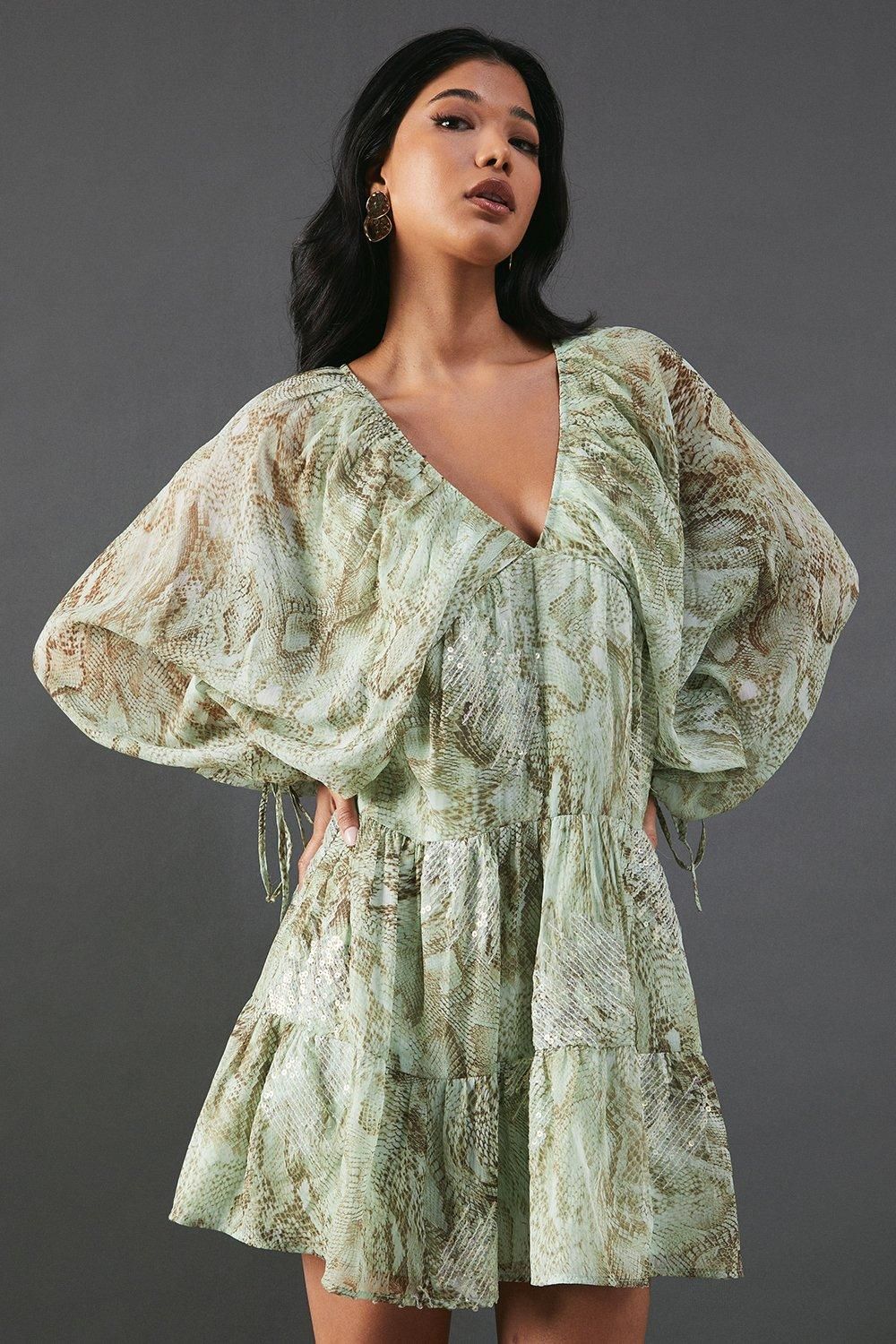 Warehouse Sequin Snake Embellished Volume Sleeve Mini Smock Dress Lime image 1