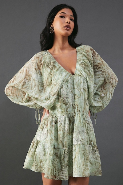 Warehouse Sequin Snake Embellished Volume Sleeve Mini Smock Dress Lime