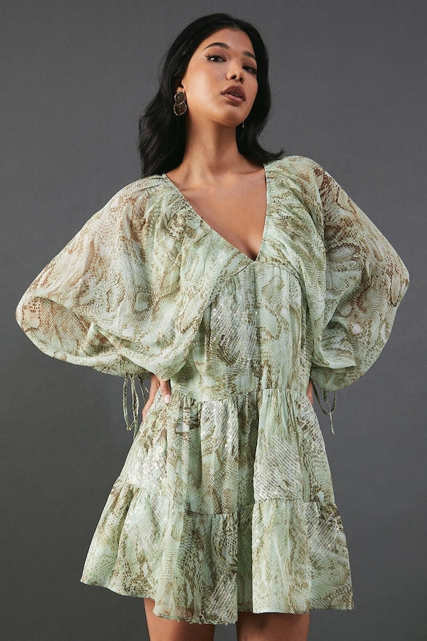 Warehouse Sequin Snake Embellished Volume Sleeve Mini Smock Dress Lime