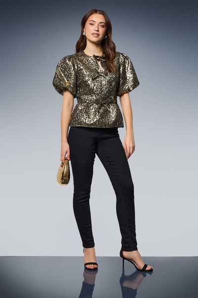 Dorothy Perkins DP Luxe Bow Front Puff Sleeve Peplum Top Gold