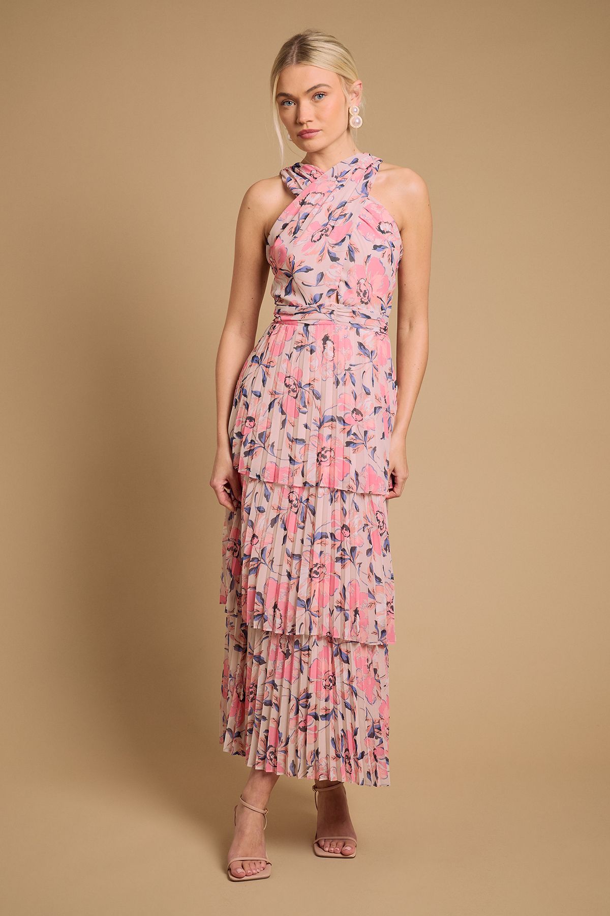 Oasis Halterneck Pleated Tiered Maxi Dress Light Pink