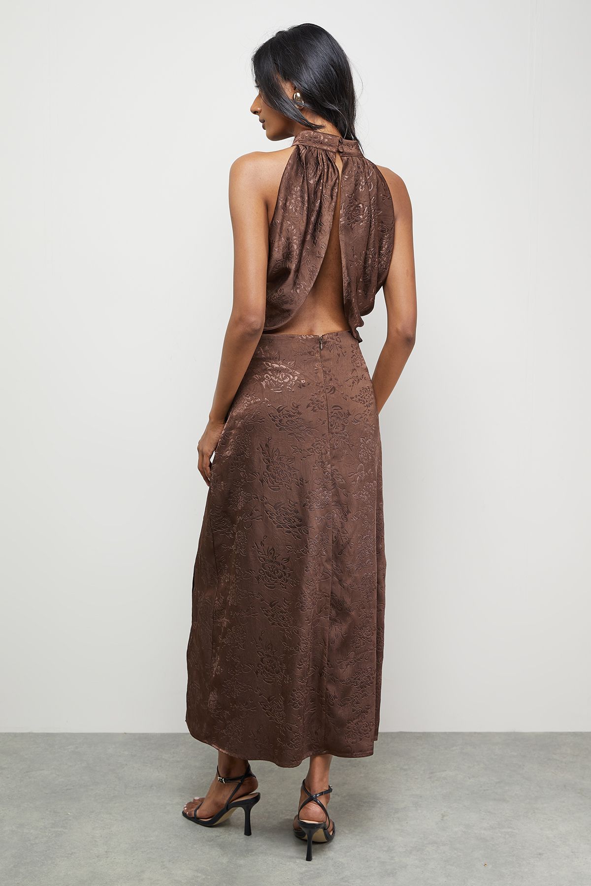 Warehouse Satin Jacquard Halter Keyhole Front Midi Dress Chocolate image 3