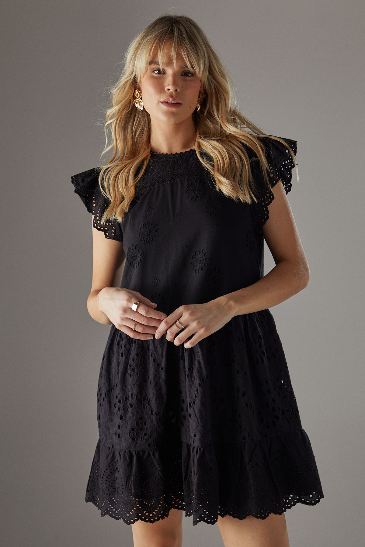 Warehouse Broderie Mix Tier Mini Smock Dress Black image 3