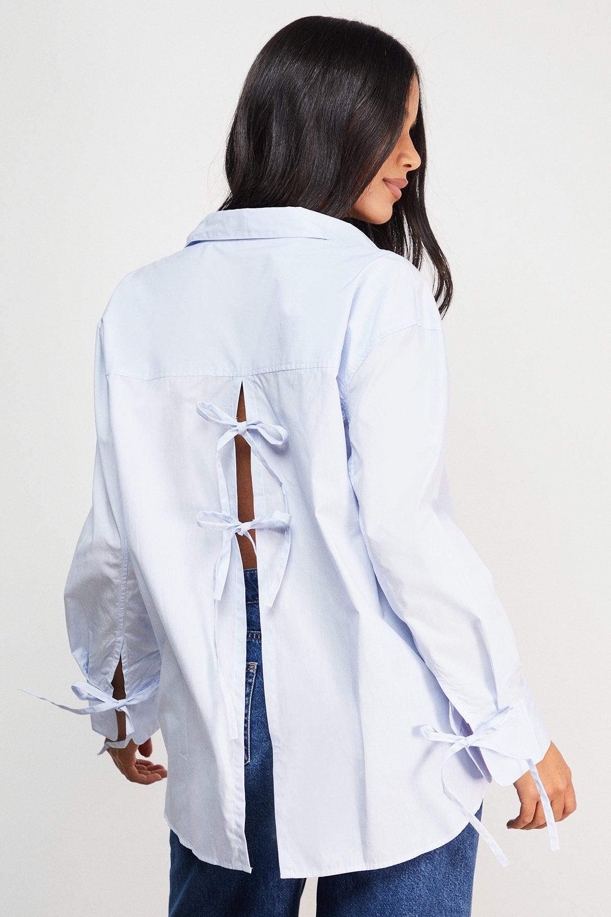 Warehouse Oversized Bow Back Shirt Blue image 1