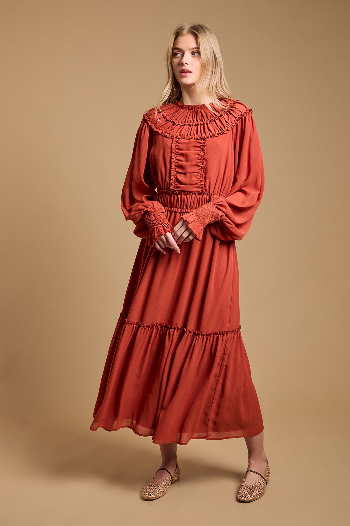 Oasis Ruffle Detail Midi Dress Ochre image 1