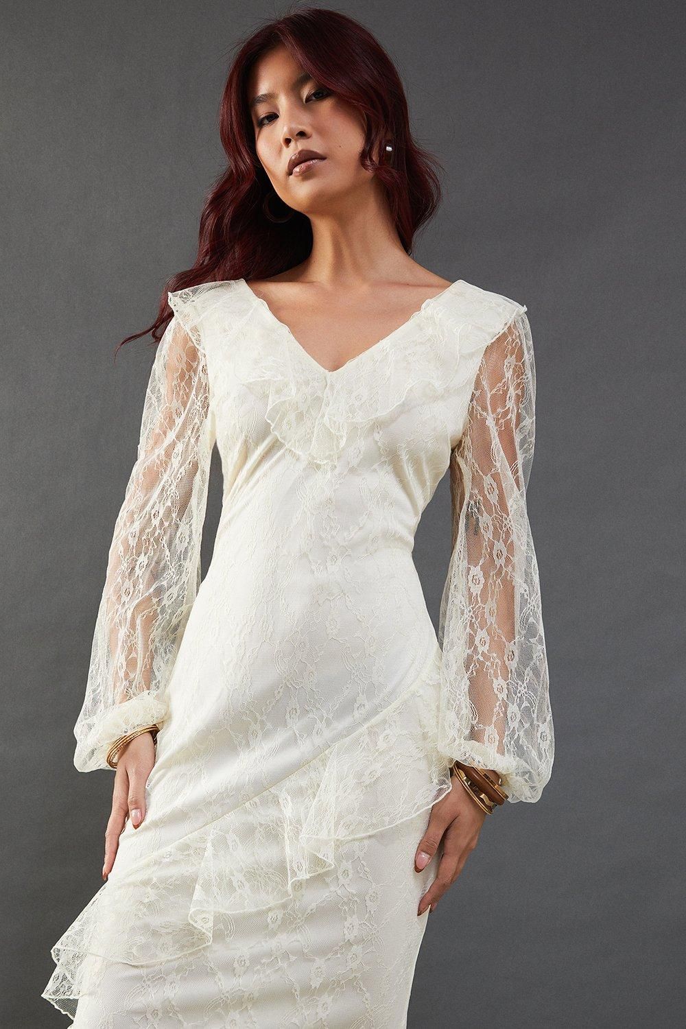 Warehouse Lace V Neck Ruffle Midi Dress Cream image 4