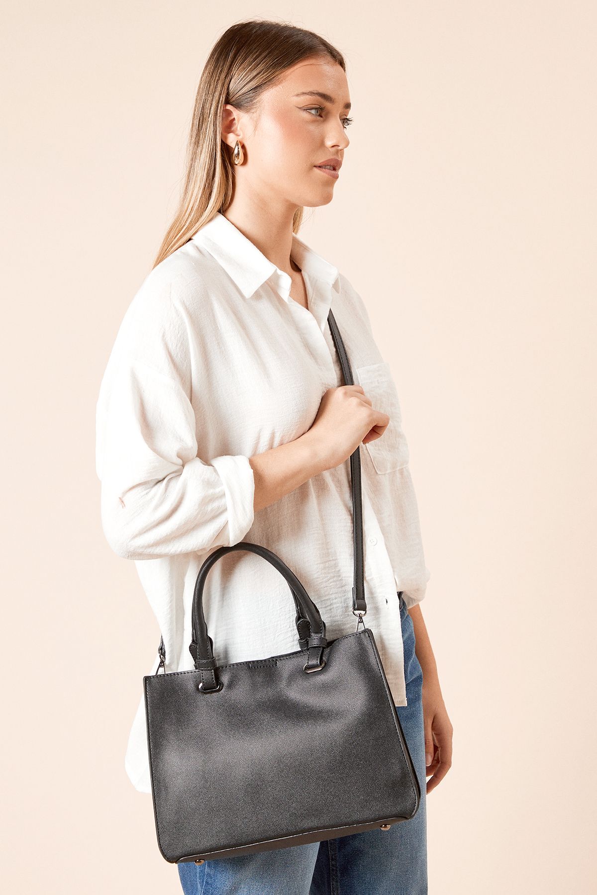 Dorothy Perkins Stockport Faux Leather Tote Bag With Cross Body Strap Black image 1