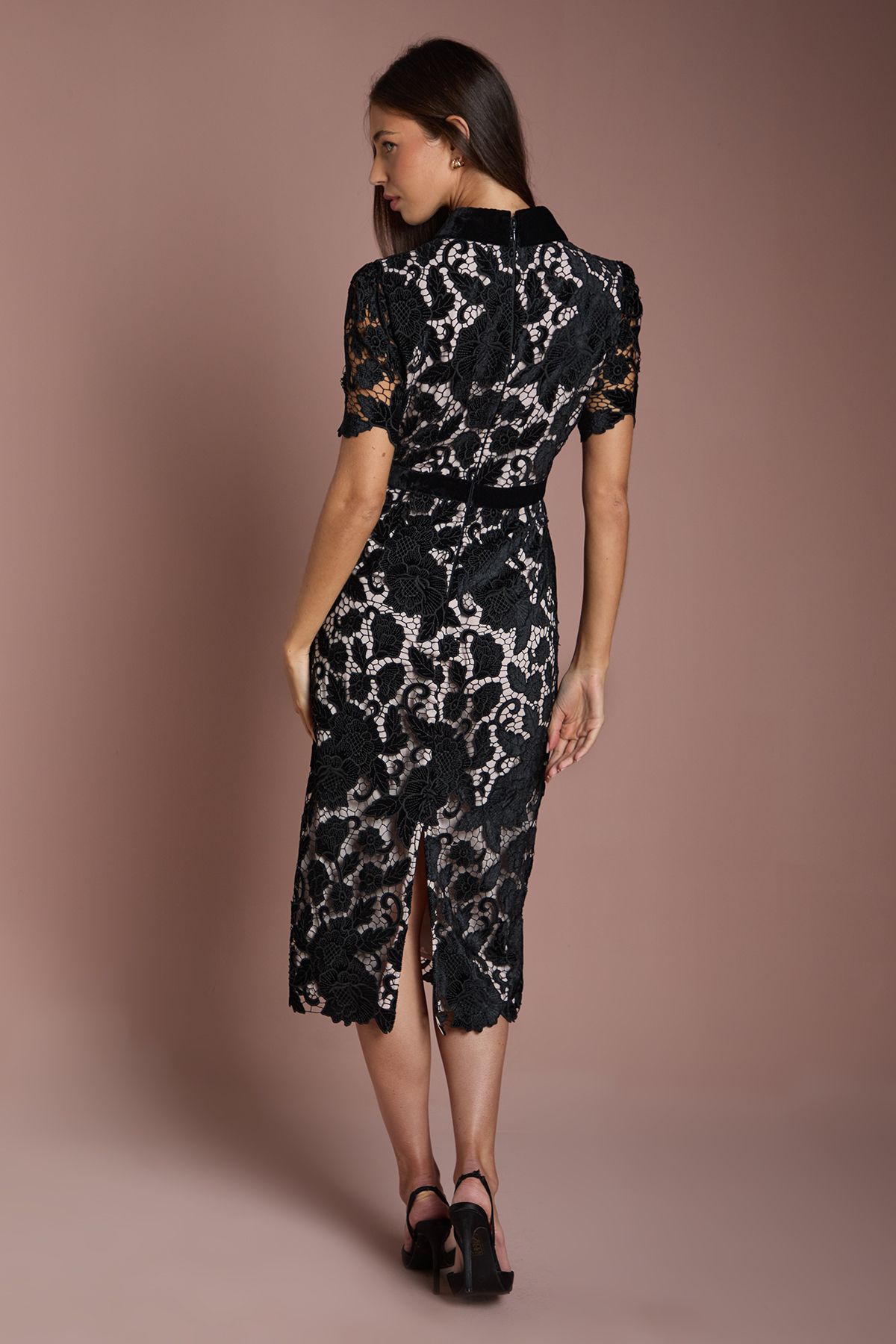 Coast Velvet Lace Button Down Pencil Midi Dress Black image 3