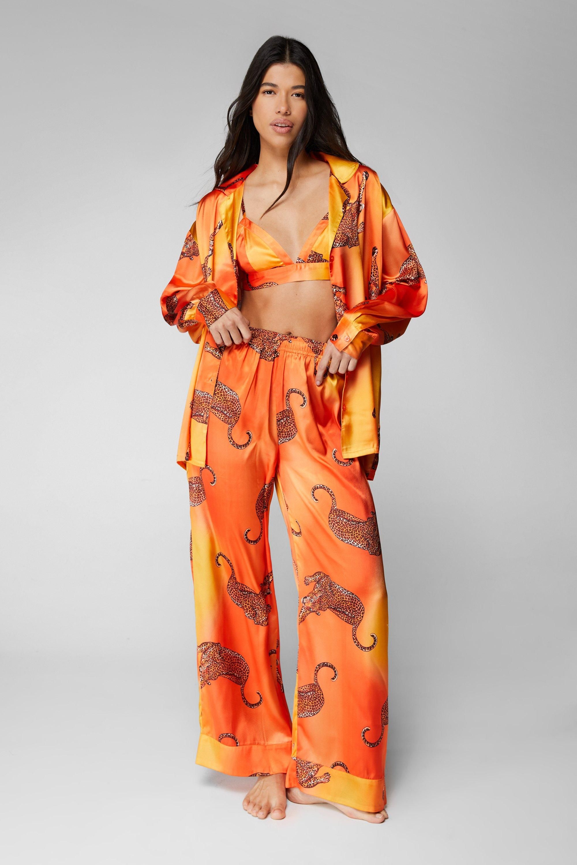 NastyGal Satin Leopard 3pc Shirt Bralette & Pants Pajama Set Orange image 1