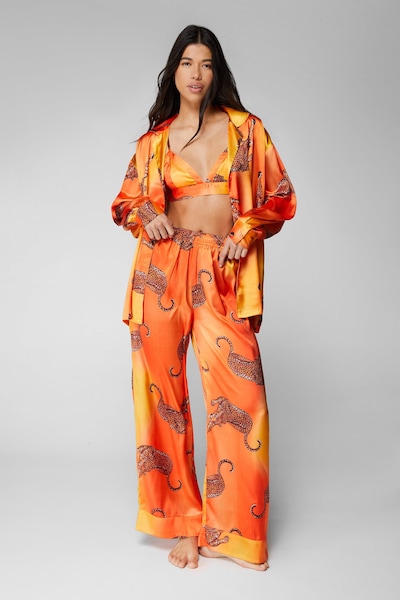 NastyGal Satin Leopard 3pc Shirt Bralette & Pants Pajama Set Orange
