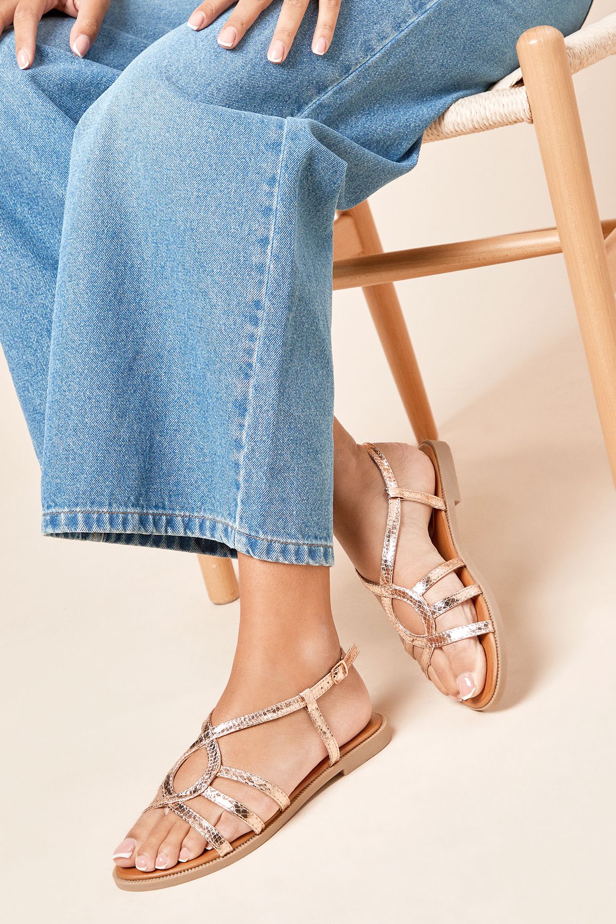 Dorothy Perkins Flame Faux Metallic Strappy Slingback Flat Sandals Rose Gold image 1