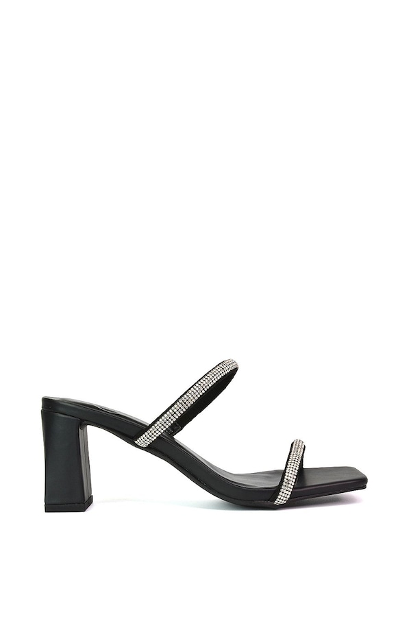 XY London 'Holden' Diamante Strap Square Toe Mid Block Heel Sandal Mules