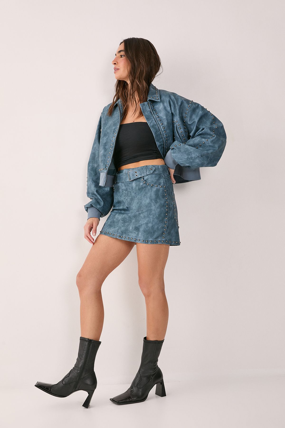 NastyGal Distressed Faux Leather Studded Detail Belted Mini Skirt Blue image 3