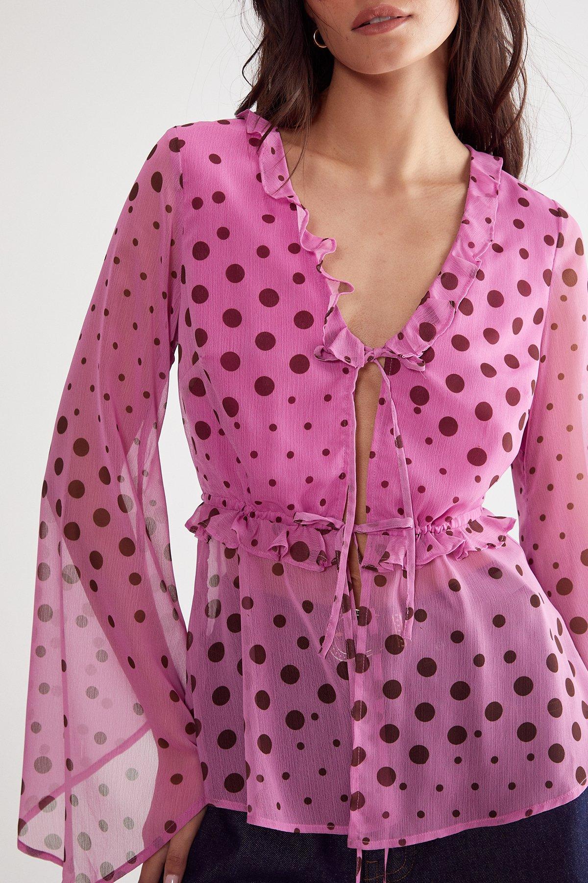 NastyGal Polka Dot Ruffle Tie Front Fluted Sleeve Blouse Pink image 5