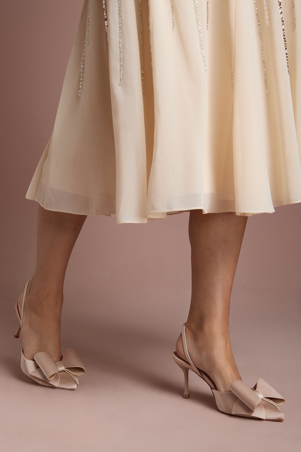 Coast Lola Satin Bow Detail Medium Stiletto Heel Sling Back Court Shoes Champagne image 3