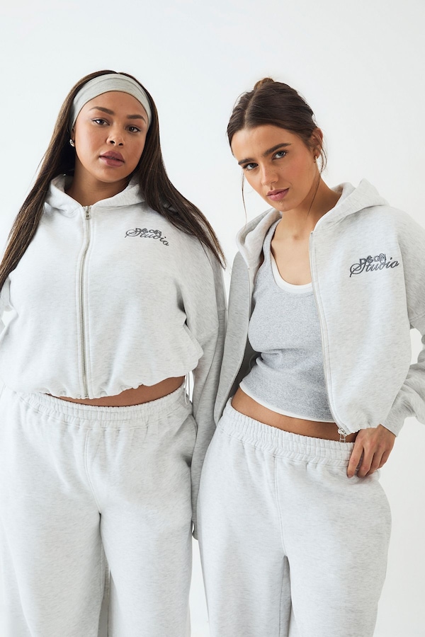 DSGN Studio DSGN Studio Towelling Applique Boxy Zip Through Hoodie Ash Grey