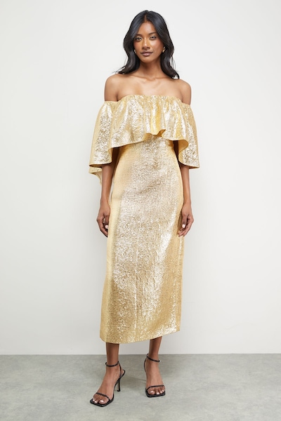 Warehouse Metallic Jacquard Volume Bardot Midi Dress Gold