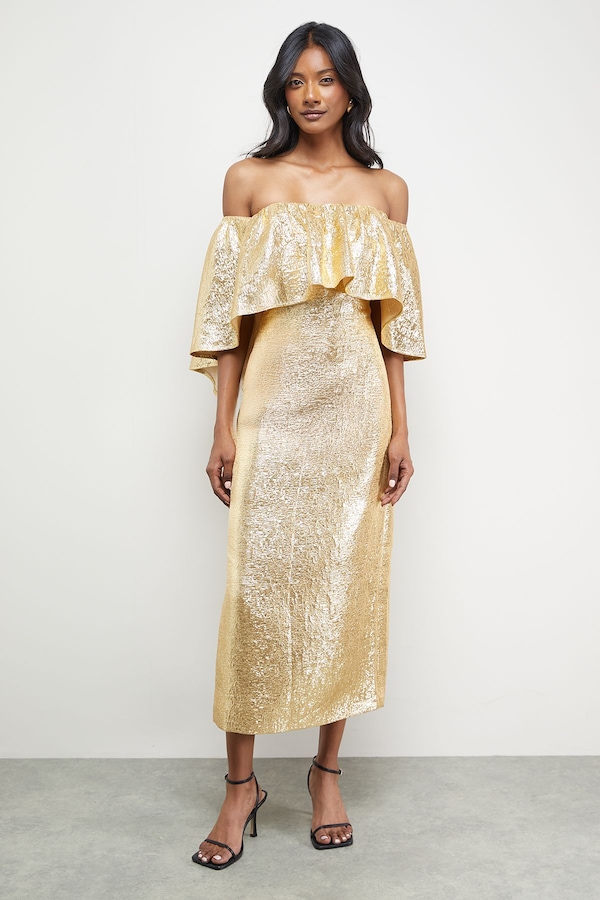 Warehouse Metallic Jacquard Volume Bardot Midi Dress Gold