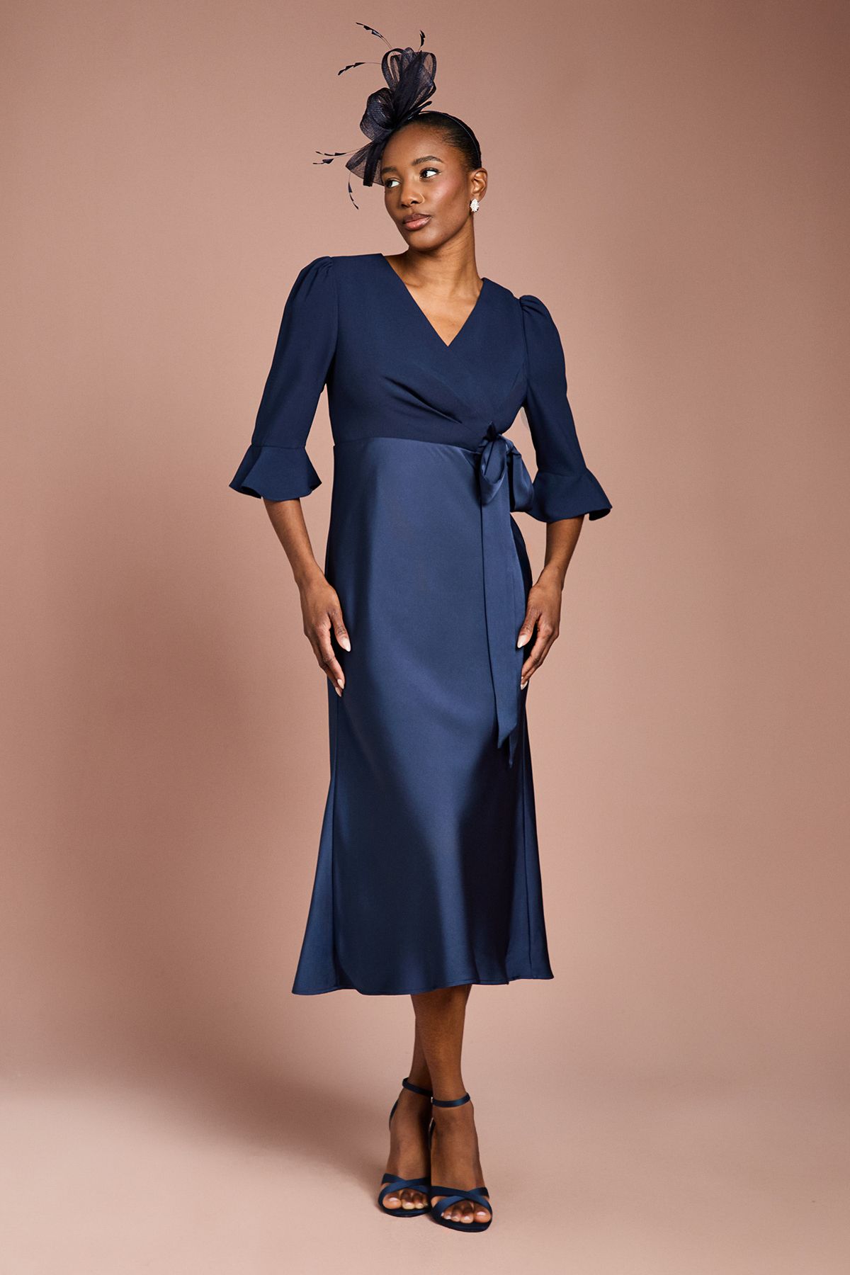 Coast Ruffle Sleeve Satin Back Crepe Wrap Dress Navy