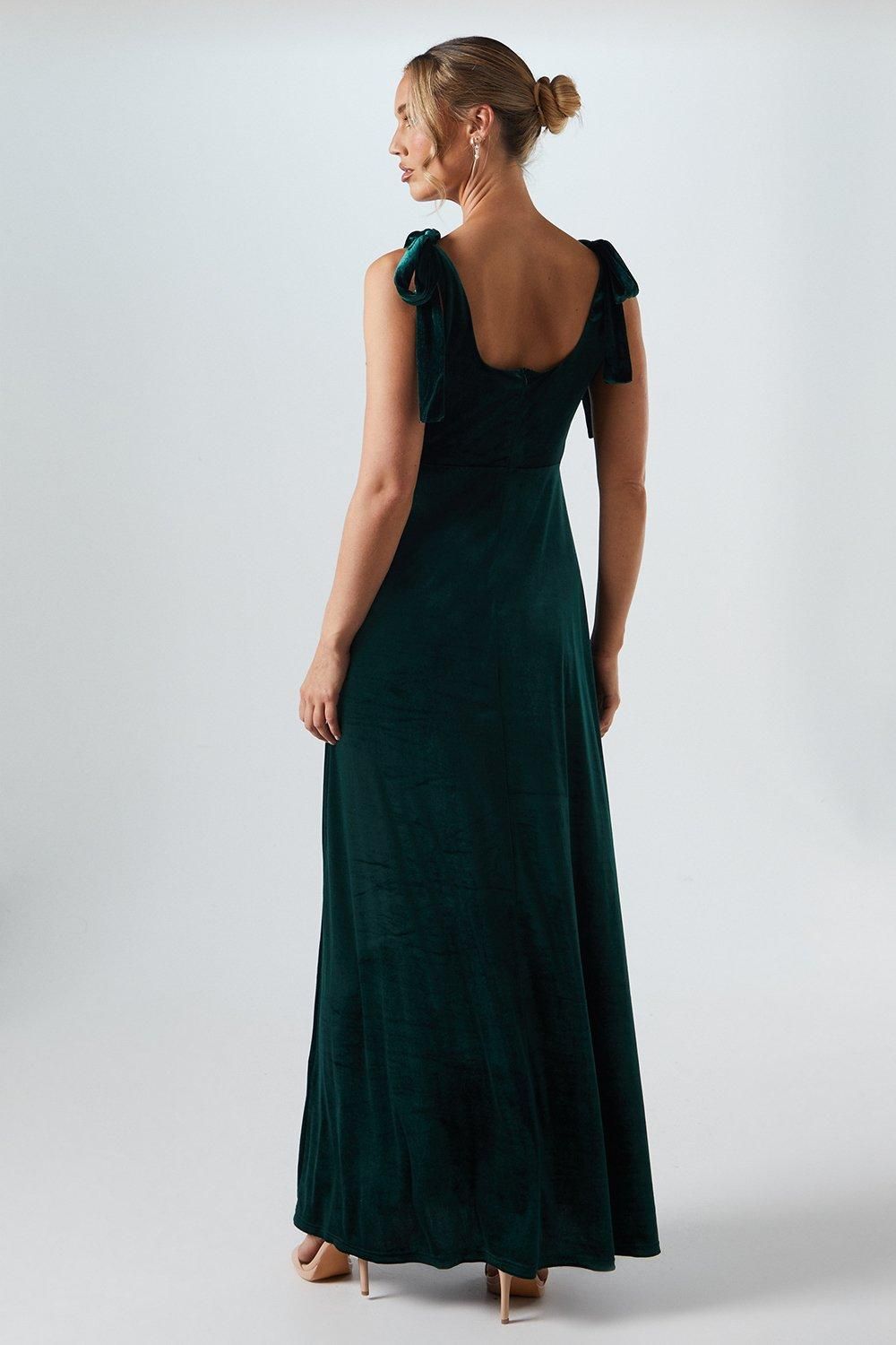 Oasis Tie Shoulder Velvet Bridesmaid Maxi Dress Emerald image 3