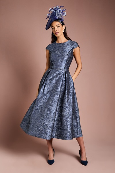Coast Lisa Tan Cap Sleeve Jacquard Full Skirted Midi Dress Slate