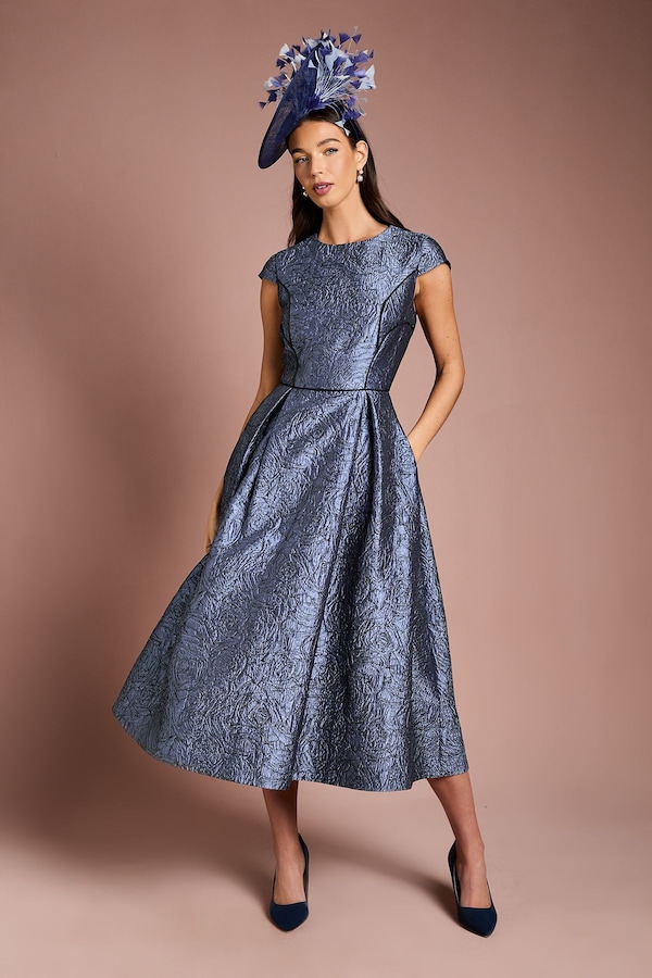 Coast Lisa Tan Cap Sleeve Jacquard Full Skirted Midi Dress Slate